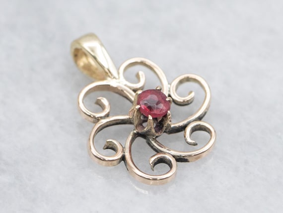10K Yellow Gold Ruby Glass Scrolling Pendant - image 2