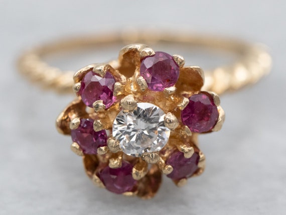 14K Yellow Gold Diamond Ruby Flower Ring, Halo De… - image 1