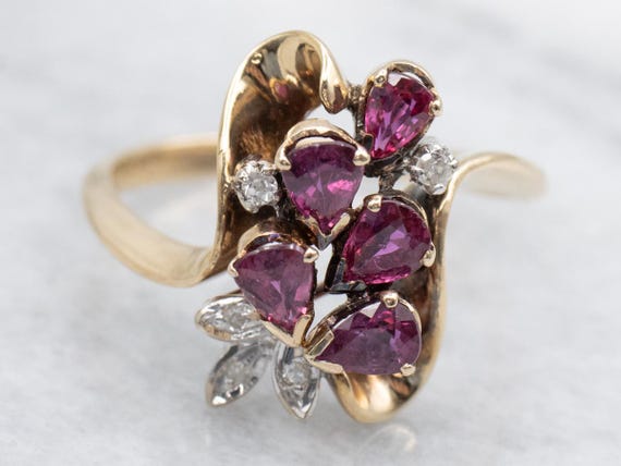 Vintage 14K Gold Ruby and Diamond Floral Cluster … - image 1