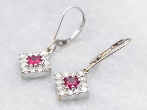 14K White Gold Ruby Halo Diamond Drop Earrings - image 2