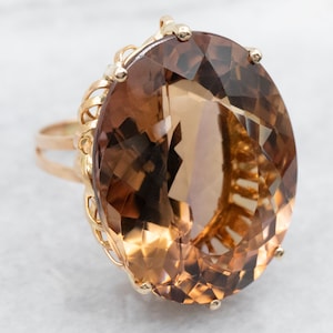 Yellow Gold Oval Cut Smoky Quartz Solitaire Cocktail Ring, Smoky Quartz Ring, Cocktail Ring, Right Hand Ring, Statement Ring, Ring A40066