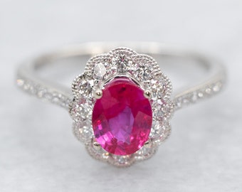 Ruby and Diamond Halo Ring, Ruby Anniversary Ring, 14K White Gold Ruby Ring, Ruby Engagement Ring, Modern Ruby Ring, Ruby Jewelry A16191