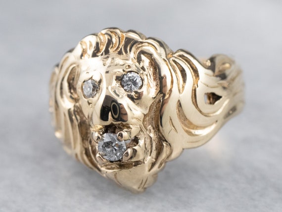 Gold Diamond Lion Head Ring, Yellow Gold Lion Rin… - image 3