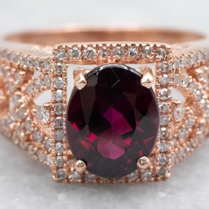 Rhodolite Garnet and Diamond Rose Gold Filigree Ring, Rhodolite Garnet Ring, Rhodolite Ring, Garnet and Diamond Ring, Rose Gold Ring A53202