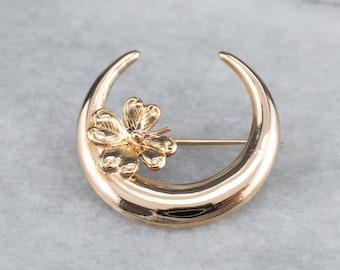 Art Nouveau 14K Gold Crescent Moon Brooch, Clover Pin
