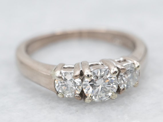 Three Stone Diamond Engagement Ring, 18K White Go… - image 1