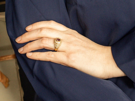 18K Gold Ruby Diamond Halo Ring, Baguette Accents - image 4