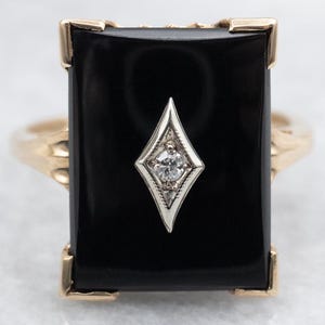 Mid-Century Black Onyx and Diamond Ring, Ladies Black Onyx Ring, Two Tone Gold Onyx Ring, Black Stone Ring, Onyx Jewelry A54639