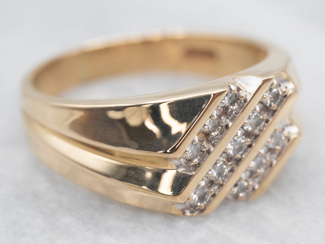 Two-tone 10K Gold Diamond Band Ring, Diagonal Row Design - Etsy