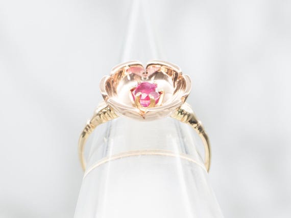Vintage Ruby Flower Ring, 14K Rose and Yellow Gol… - image 3