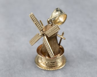 14K Gold Moving Windmill Charm, Dutch Pendant