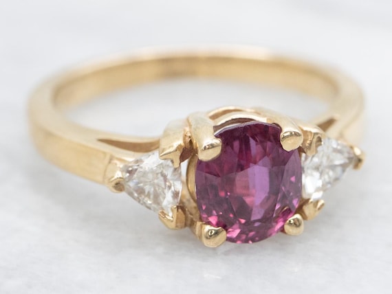14K Yellow Gold Ruby Ring, Trillion Cut Diamond A… - image 1