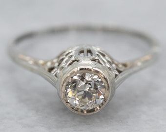 Art Deco 18K White Gold Diamond Engagement Ring, Filigree Solitaire