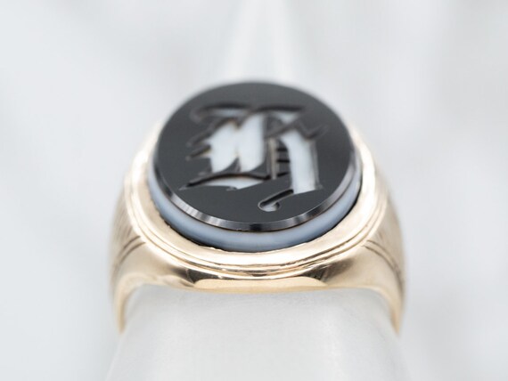 Carved "H" Initial Black Onyx Signet Ring, Antiqu… - image 4