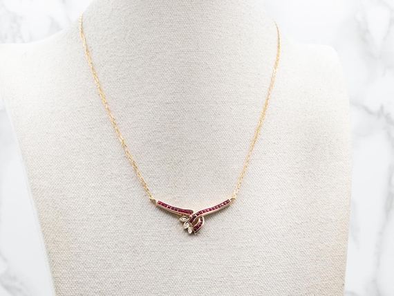 18K Yellow Gold Ruby and Diamond Necklace, Square… - image 4
