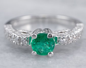 Emerald and Diamond Ring, Emerald Engagement Ring, Anniversary Ring, Right Hand Ring, Birthday Gift, White Gold Emerald Ring T49HC3JJ