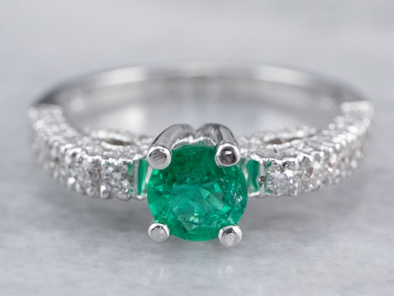Emerald and Diamond 18K White Gold Ring, Round Cut