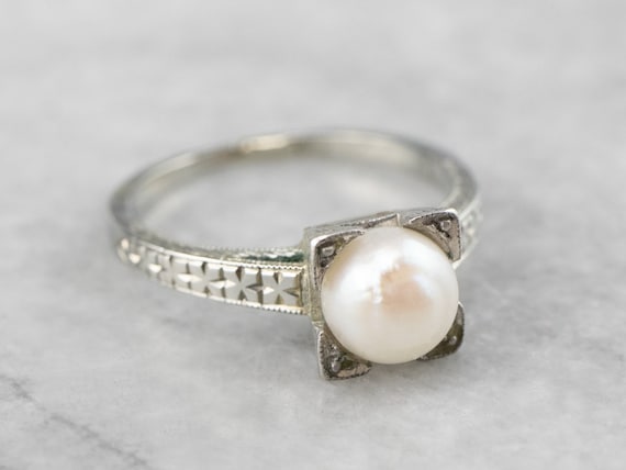 Art Deco Pearl Solitaire Ring, Pearl White Gold R… - image 1