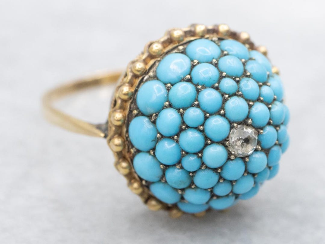 Circa 1870s Old Mine Cut Diamond and Petit Point Turquoise