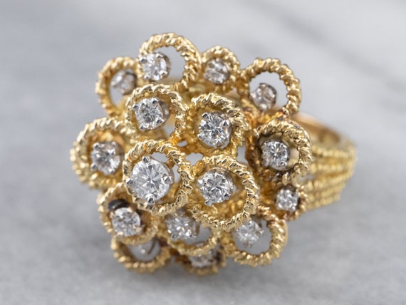 Vintage Diamond Cluster Ring, 18K Yellow Gold Cocktail Ring, Mid-Century