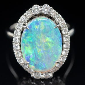 14K White Gold Opal Diamond Halo Ring, October Birthstone