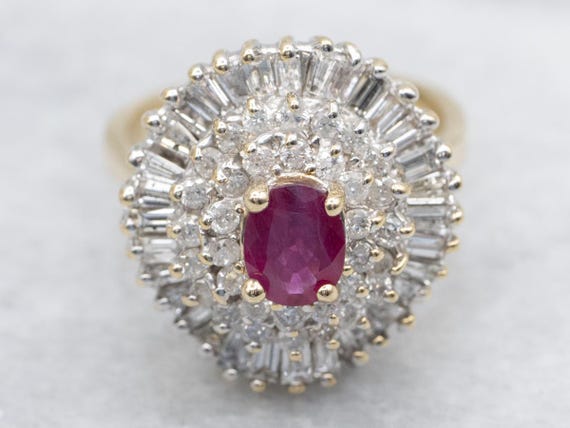 14K Gold Ruby Diamond Halo Ring, Cocktail Jewelry - image 1