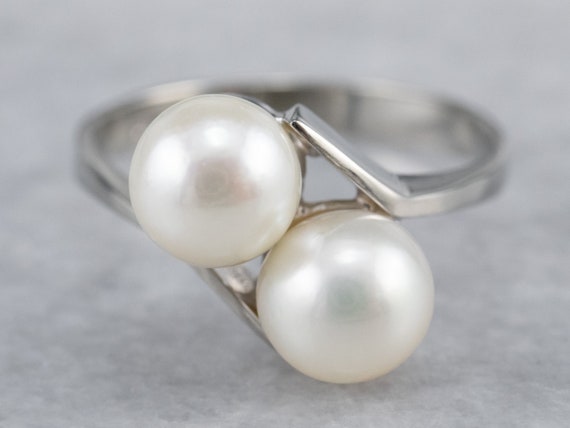 Simple Pearl Bypass Ring, White Gold Pearl Ring, … - image 1