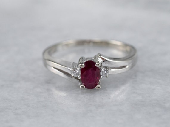 Ruby and Diamond 14K White Gold Bypass Ring, July… - image 1