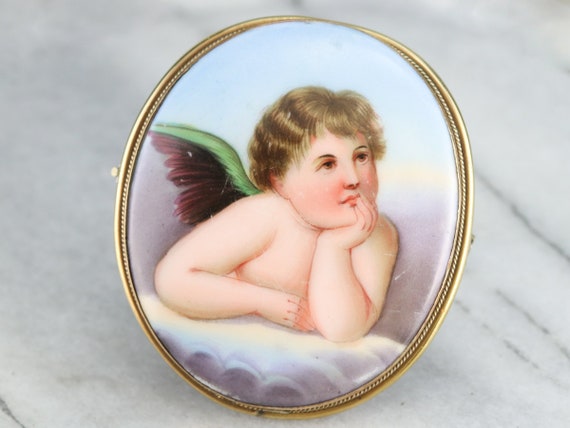 Antique Painted Porcelain Brooch, Large Porcelain… - image 1