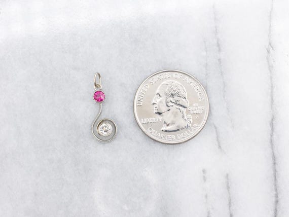 18K White Gold Diamond Synthetic Ruby Swirl Penda… - image 3