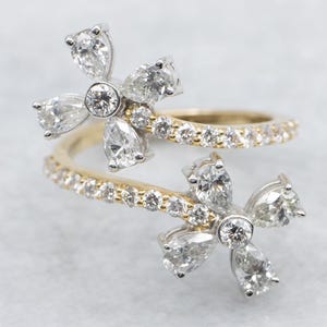 Anillo de oro bicolor con diamantes, anillo de flor de diamantes, anillo de oro de 18 quilates con diamantes, anillo de diamantes redondos brillantes A66923
