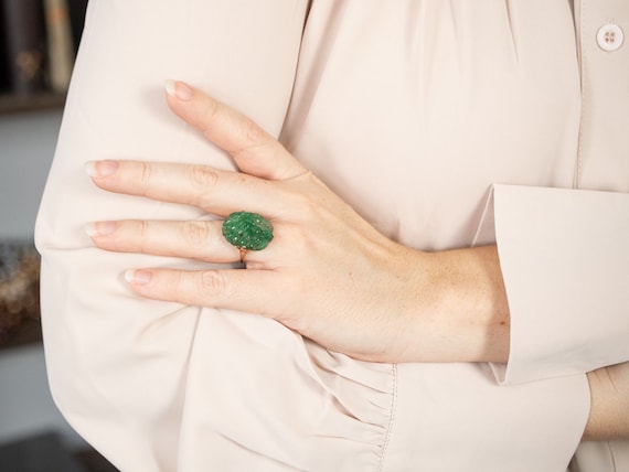 Vintage Carved Jade Cocktail Ring, Botanical Jade… - image 5