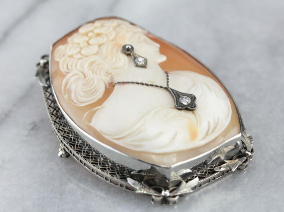 Art Deco Diamond Cameo Brooch, Cameo Pendant, Est… - image 2