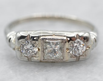 Retro 14K White Gold Princess Cut Diamond Engagement Ring