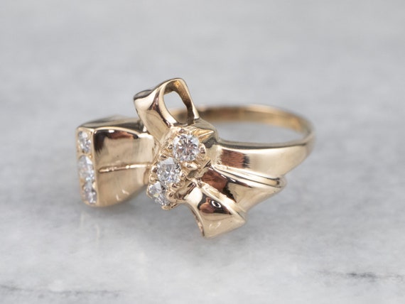 Gold Bow Diamond Ring, Retro Era Diamond Bow Ring… - image 3