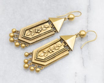 Antique Bloomed Gold Floral Drop Earrings, Etruscan Revival