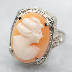 Art Deco Cameo White Gold Filigree Ring, Antique Cameo Ring, Estate Ring, Bridal Jewelry, Cameo Collector A18452