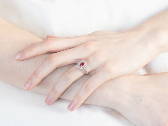 Ruby and Diamond Double Halo Ring, 14K White Gold - image 10