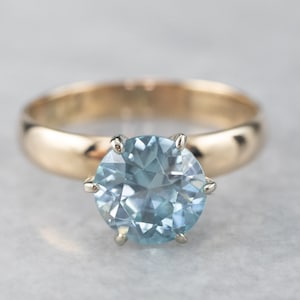 Blue Zircon Solitaire Ring, Two Tone Gold Ring, December Birthstone, Right Hand Ring, High Profile Ring, H8DR5QZR
