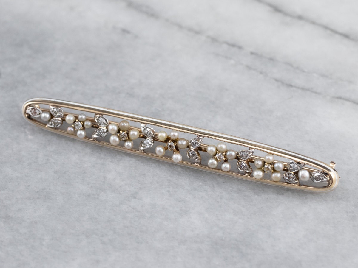 Art Nouveau Era Seed Pearl and Diamond Bar Pin, Antique Pearl Pin, Bridal Jewelry, Estate Jewelry, Diamond Anniversary R01PXRJP