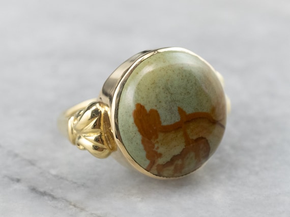 18K Gold Picture Jasper Statement Ring, Earthy Ge… - image 3