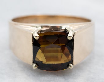 Vintage 14K Gold Dravite Tourmaline Ring, 3.47 Carat Cushion Cut
