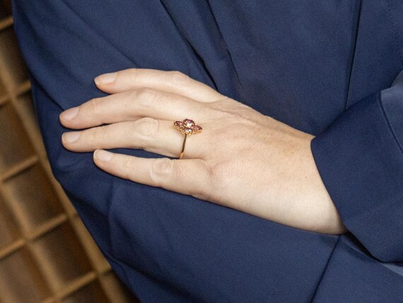 14K Gold Diamond Ruby Flower Ring, Marquise Halo - image 4