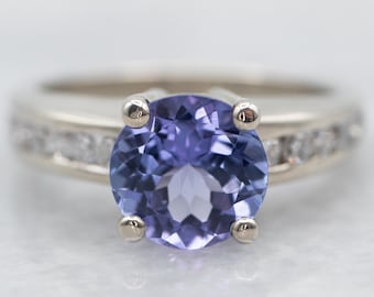 White Gold Tanzanite Ring with Channel Set Diamond Shoulders, White Gold Tanzanite and Diamond Ring, Tanzanite and Diamond Ring, Ring A32759