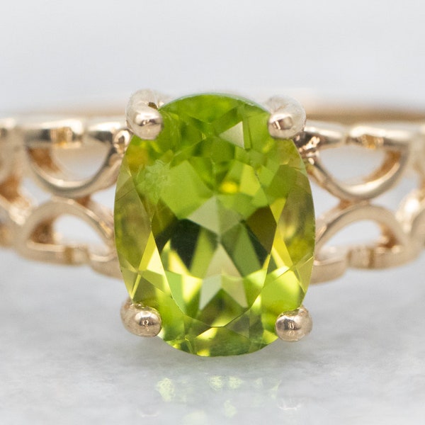 Peridot Solitaire Ring, Yellow Gold Peridot Ring, Green Stone Ring, August Birthstone, Gold Filigree Ring A35879