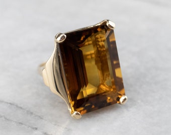 14K Yellow Gold Smoky Quartz Cocktail Ring, Emerald Cut
