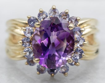 Amethyst and Tanzanite Cocktail Ring, 10K Gold Amethyst Ring, Large Amethyst Ring, Amethyst Halo Ring, Birthday Gift, Statement Ring A36560