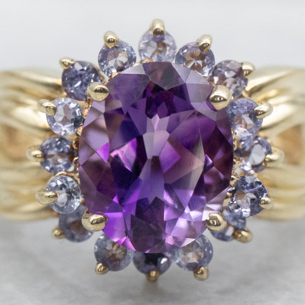 Amethyst and Tanzanite Cocktail Ring, 10K Gold Amethyst Ring, Large Amethyst Ring, Amethyst Halo Ring, Birthday Gift, Statement Ring A36560