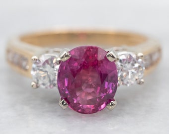 Two Tone Oval Cut Pink Sapphire and Diamond Ring with Channel Set Diamond Shoulders, Two Tone Pink Sapphire and Diamond Ring, Ring A32760