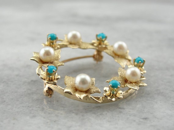 Art Nouveau Leaf, Pearl and Turquoise Circle Pin … - image 2